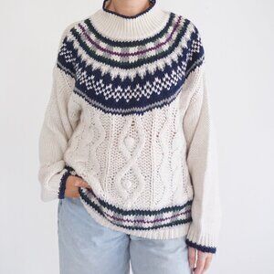 VTG Jamie Scott Cream Navy Cable Knit Fair Isle Sweater Old Money Cabincore M